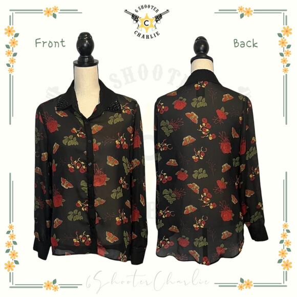 METAPHOR Womens Size L Floral Black Button Down Semi-Sheer Blouse Beaded Collar - Picture 1 of 6